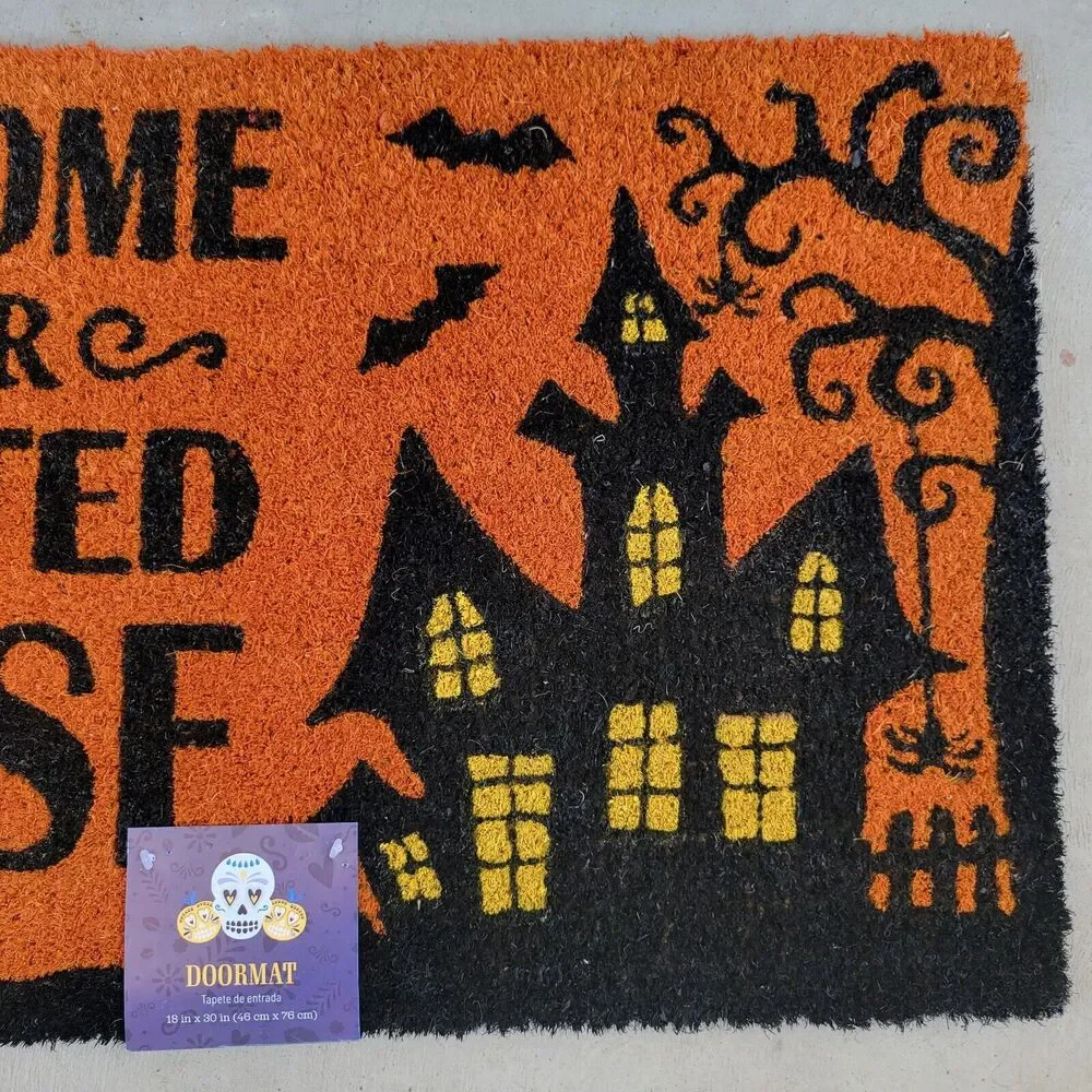 Halloween Welcome To Our Haunted House Outdoor Coir Doormat Mat 18x30 Orange Bla
